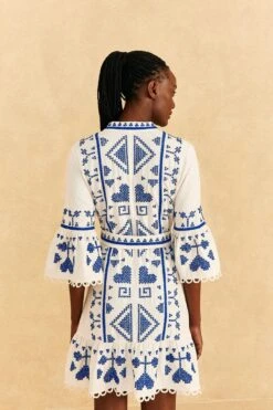 Farm Rio Blue And White Cross Stitch Mini Dress -Farm Rio Dress Shop 302324 04