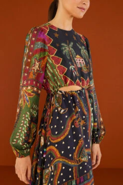 Farm Rio Shiny Mixed Scarves Cut Out Midi Dress -Farm Rio Dress Shop 303802 03 1