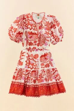Farm Rio Off-White Rio Tiles Puff Sleeve Mini Dress -Farm Rio Dress Shop 305274 06
