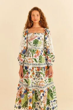 Farm Rio White Summer Garden Midi Dress