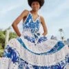 Farm Rio Mixed White And Blue Prints Maxi Dress
