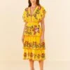 Farm Rio Yellow Embroidered Richelieu Midi Dress -Farm Rio Dress Shop 306329 01