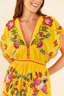 Farm Rio Yellow Embroidered Richelieu Midi Dress -Farm Rio Dress Shop 306329 02