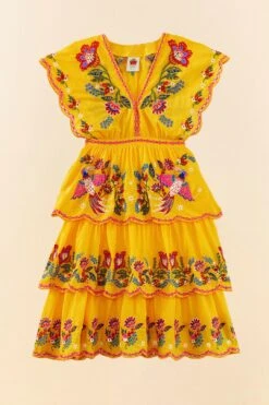 Farm Rio Yellow Embroidered Richelieu Midi Dress -Farm Rio Dress Shop 306329 05