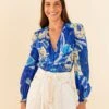 Farm Rio Blue Tropical Groove Blouse