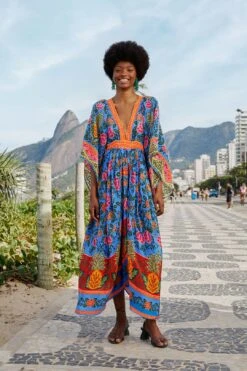 Farm Rio Blue Pineapple Garden Kaftan Maxi Dress