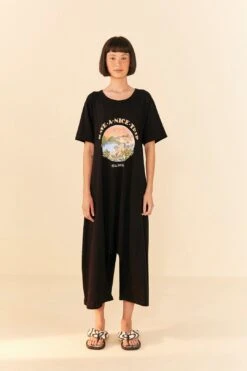 Farm Rio Black Have A Nice Trip Organic Cotton Jumpsuit