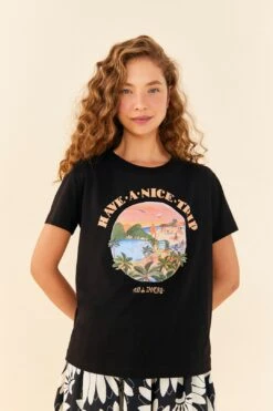 Farm Rio Black Have A Nice Trip Organic Cotton T-Shirt