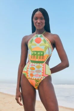 Farm Rio Beach Mixed Scarves One Piece Swimsuit