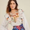 Farm Rio White Embroidered Fall Leaf Blouse -Farm Rio Dress Shop 309103 01