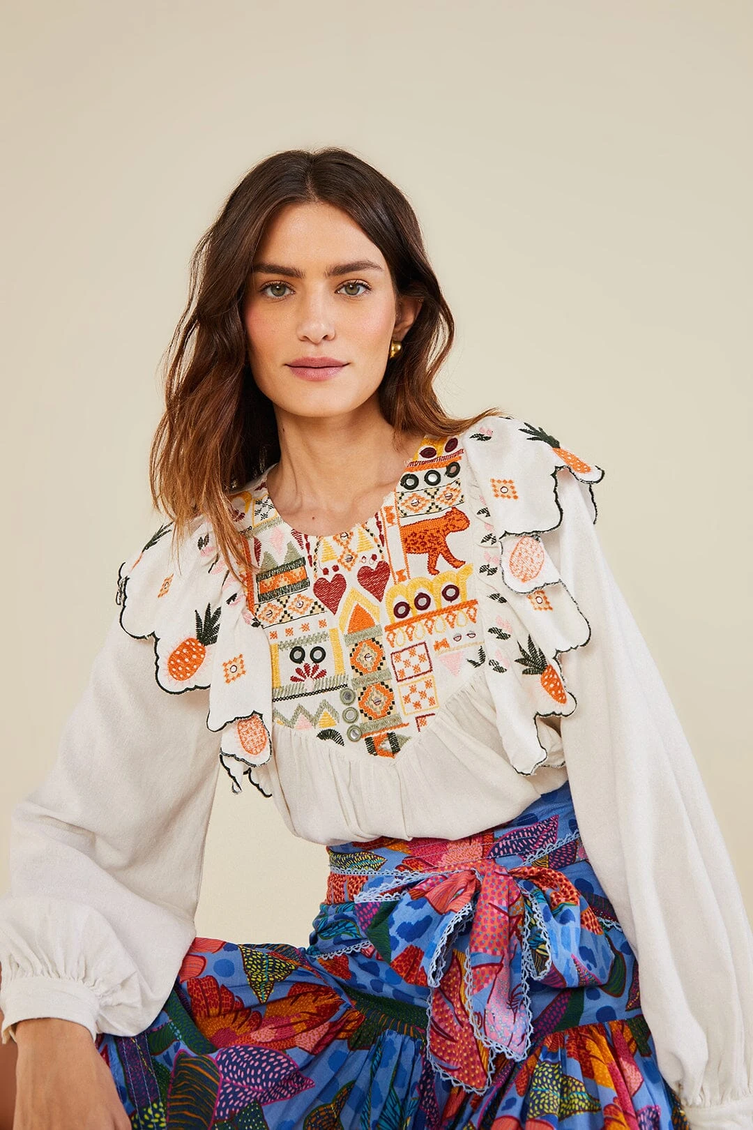 Farm Rio White Embroidered Fall Leaf Blouse 3 Farm Rio White Embroidered Fall Leaf Blouse