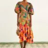 Farm Rio Coral Mixed Graphic Macaws Puff Sleeve Midi Dress -Farm Rio Dress Shop 309162 01