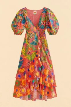 Farm Rio Coral Mixed Graphic Macaws Puff Sleeve Midi Dress -Farm Rio Dress Shop 309162 05