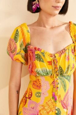 Farm Rio Yellow Macaw Bloom Puff-Sleeve Midi Dress -Farm Rio Dress Shop 309293 03