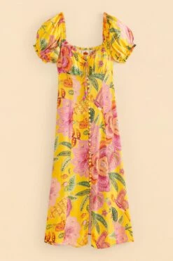 Farm Rio Yellow Macaw Bloom Puff-Sleeve Midi Dress -Farm Rio Dress Shop 309293 06