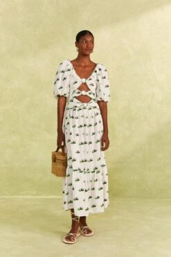 Farm Rio Cross Stitch Coconut Embroidered Midi Dress