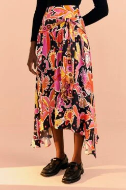 Farm Rio Black Enchanted Nature Lenzing™ Ecovero™ Viscose Midi Skirt -Farm Rio Dress Shop 309464 03
