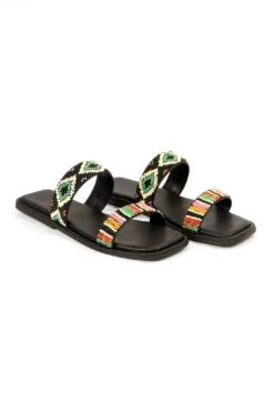Farm Rio Black Beaded Square Toe Slide Sandal