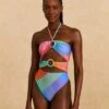 Farm Rio Blue Painted Birds Plaid Halter Neck One-Piece Swimsuit -Farm Rio Dress Shop 310545 01