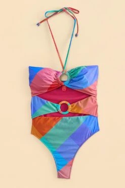 Farm Rio Blue Painted Birds Plaid Halter Neck One-Piece Swimsuit -Farm Rio Dress Shop 310545 05