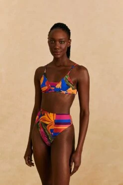 Farm Rio Blue Floral Tropical & Colorful Stripes Bikini Top