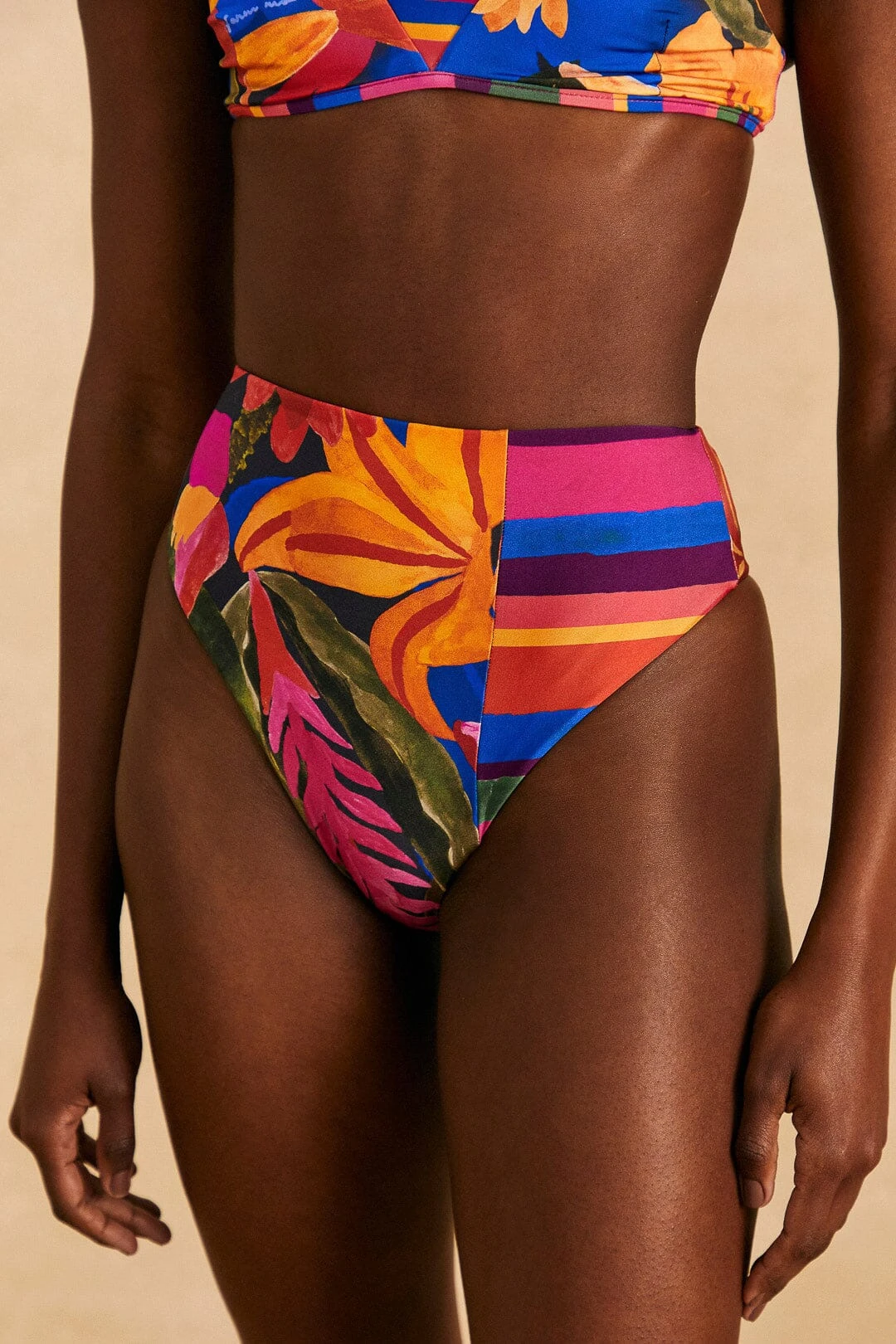 Farm Rio Blue Floral Tropical & Colorful Stripes High Waisted Bikini Bottom 4 Farm Rio Blue Floral Tropical & Colorful Stripes High Waisted Bikini Bottom - Image 2