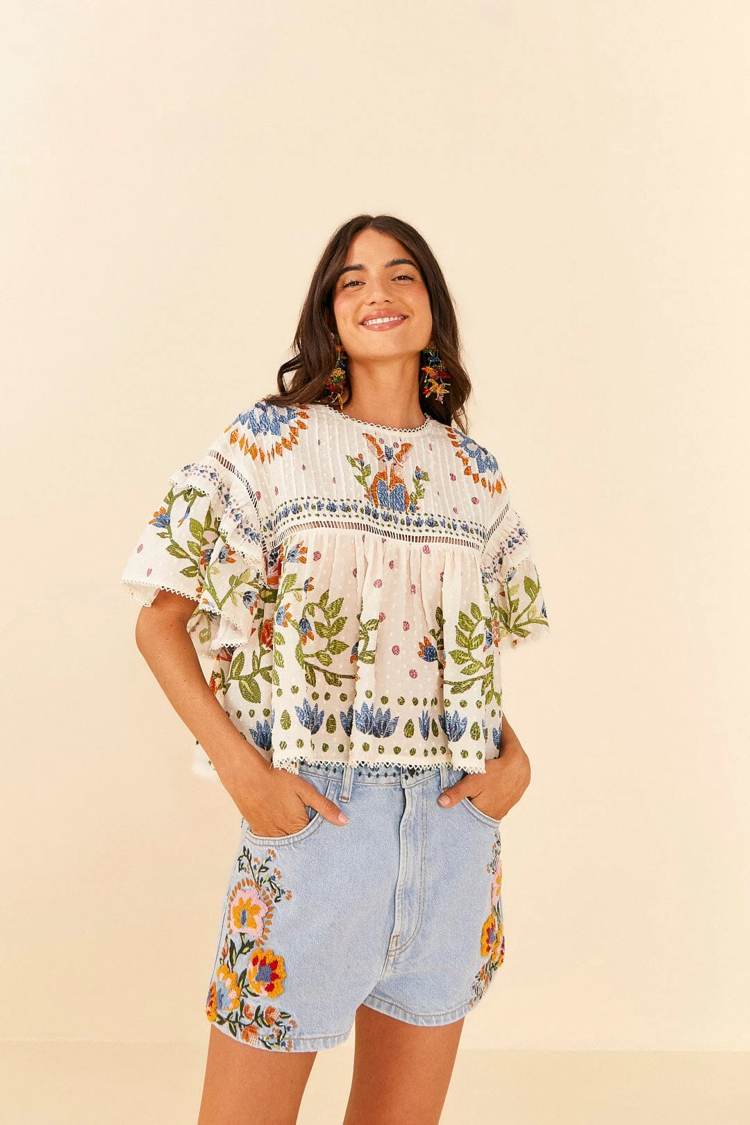 Farm Rio Summer Garden Embroidered Denim Shorts 3 Farm Rio Summer Garden Embroidered Denim Shorts