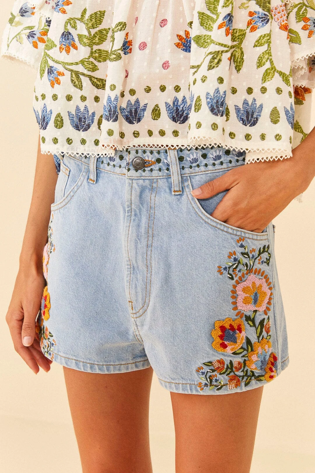 Farm Rio Summer Garden Embroidered Denim Shorts 5 Farm Rio Summer Garden Embroidered Denim Shorts - Image 3