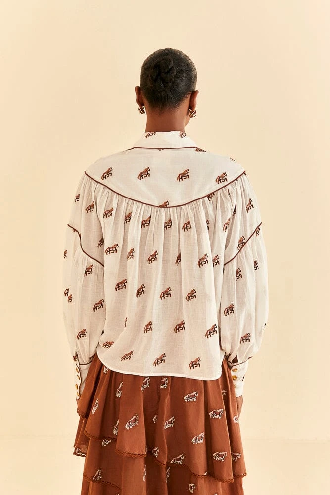 Farm Rio Off-White Embroidered Horses Blouse 6 Farm Rio Off-White Embroidered Horses Blouse - Image 4