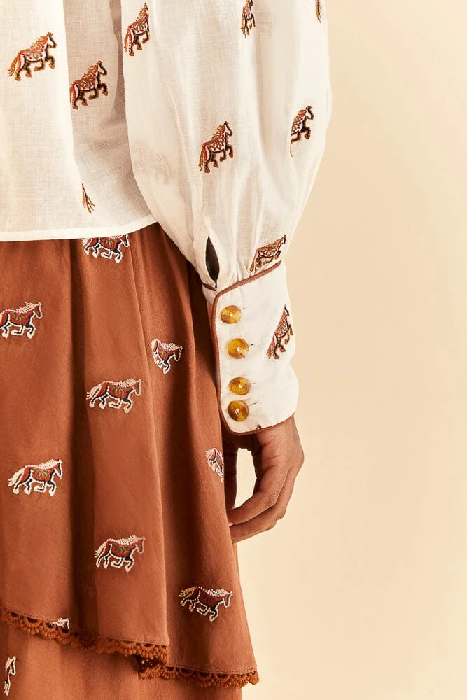 Farm Rio Off-White Embroidered Horses Blouse 7 Farm Rio Off-White Embroidered Horses Blouse - Image 5
