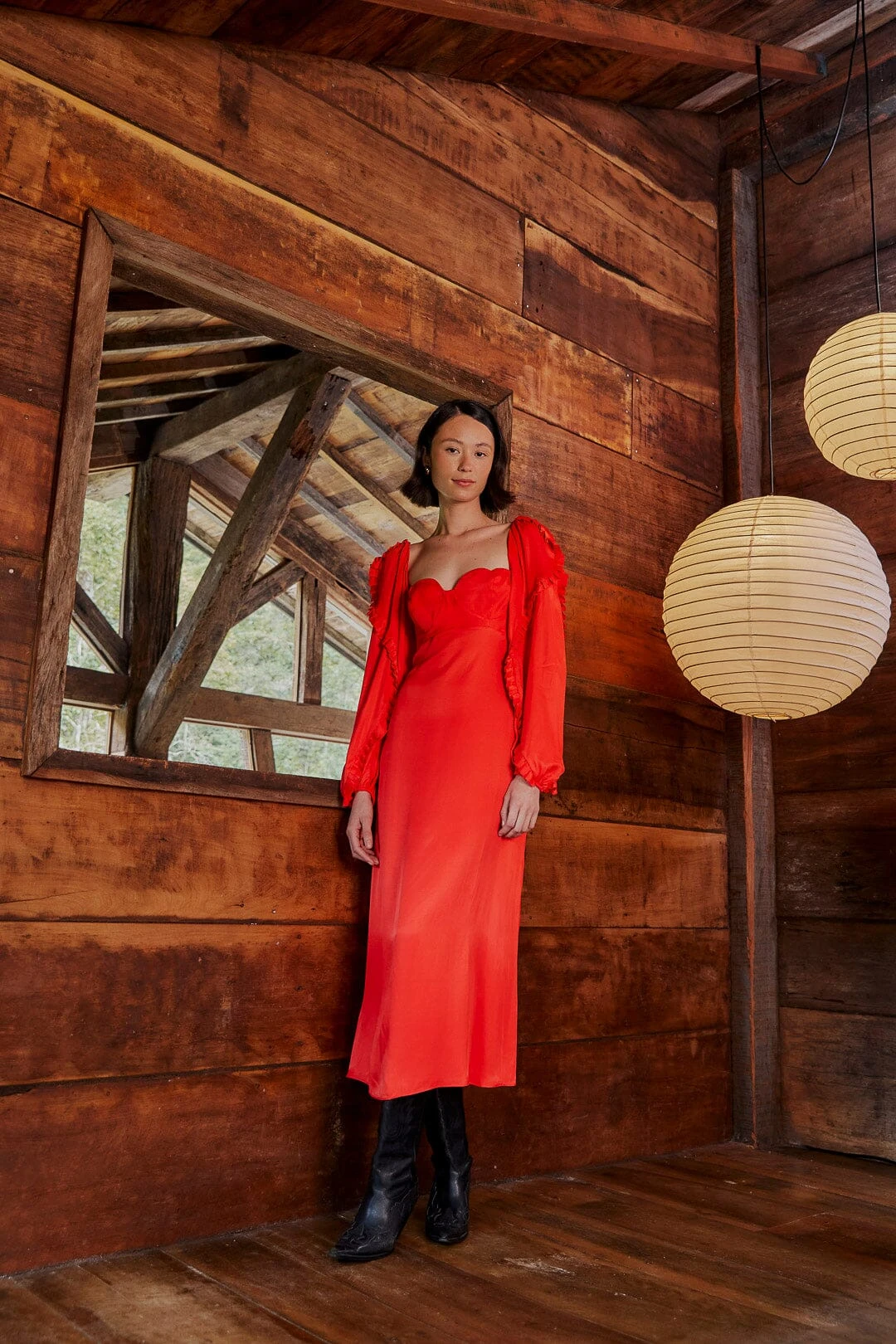 Farm Rio Red Heart Shaped Neckline Long Sleeve Midi Dress 3 Farm Rio Red Heart Shaped Neckline Long Sleeve Midi Dress