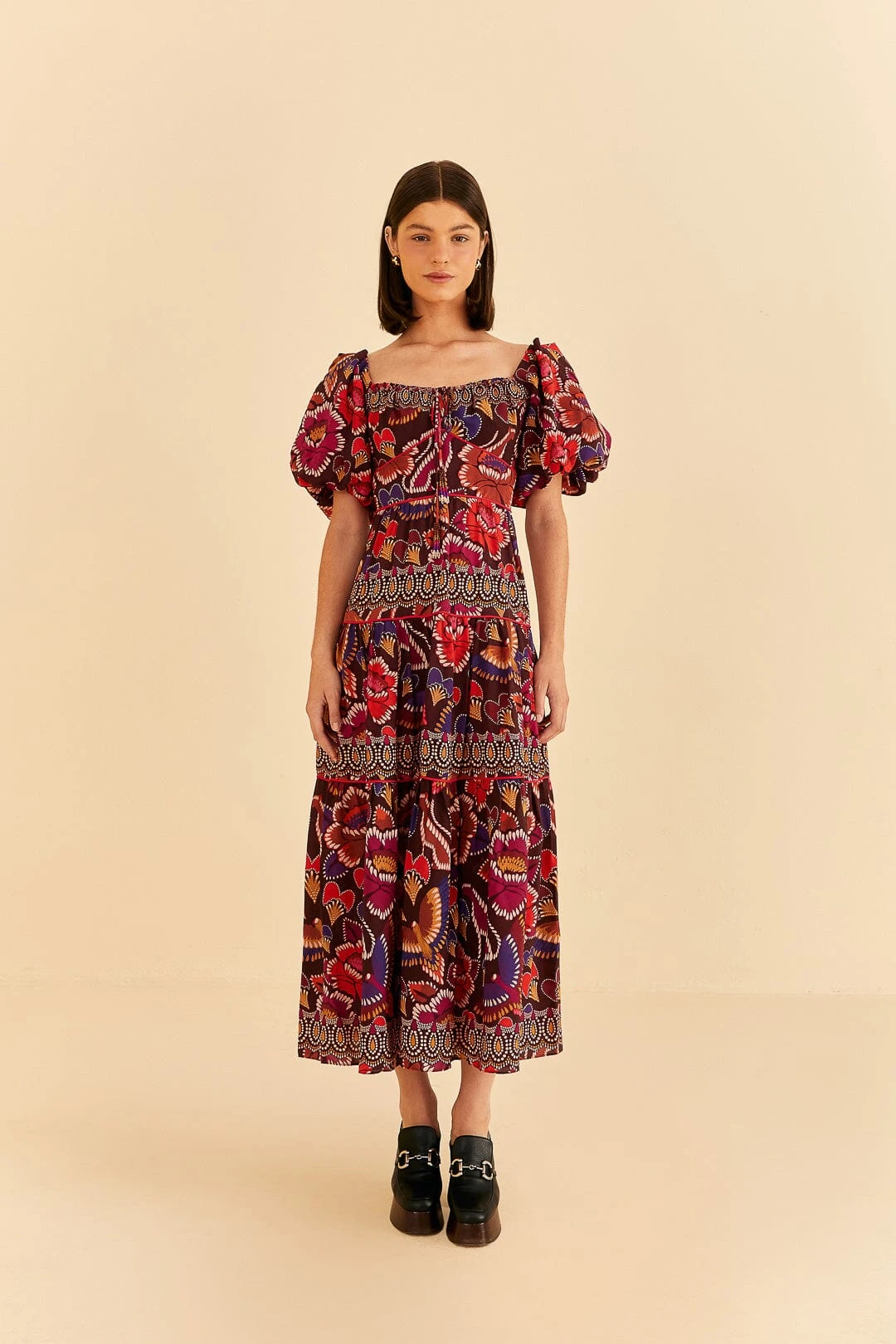 Farm Rio Brown Bright Flora Short Sleeve Midi Dress 4 Farm Rio Brown Bright Flora Short Sleeve Midi Dress - Image 2