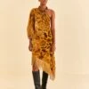 Farm Rio Golden Yellow Velvet One Shoulder Fringe Dress -Farm Rio Dress Shop 312168 01