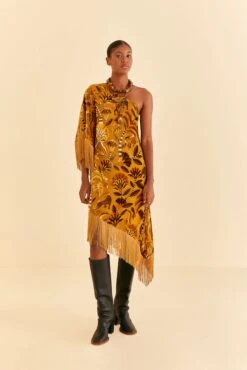Farm Rio Golden Yellow Velvet One Shoulder Fringe Dress