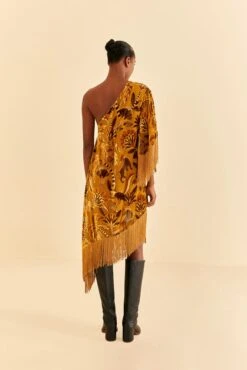 Farm Rio Golden Yellow Velvet One Shoulder Fringe Dress -Farm Rio Dress Shop 312168 04