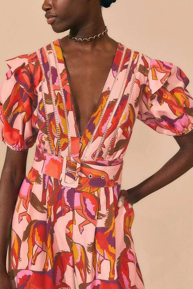 Farm Rio Rose Wild Horses Pleated Short Sleeve Jumpsuit 6 Farm Rio Rose Wild Horses Pleated Short Sleeve Jumpsuit - Image 4