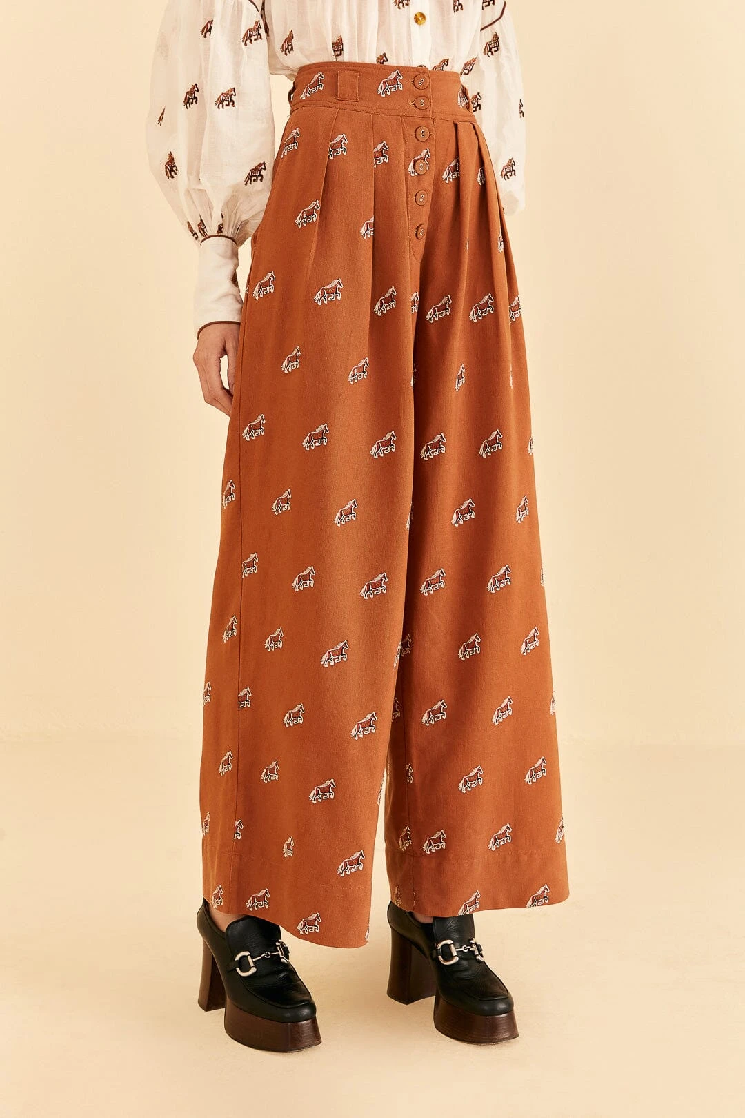 Farm Rio Caramel Embroidered Horses Pants 5 Farm Rio Caramel Embroidered Horses Pants - Image 3