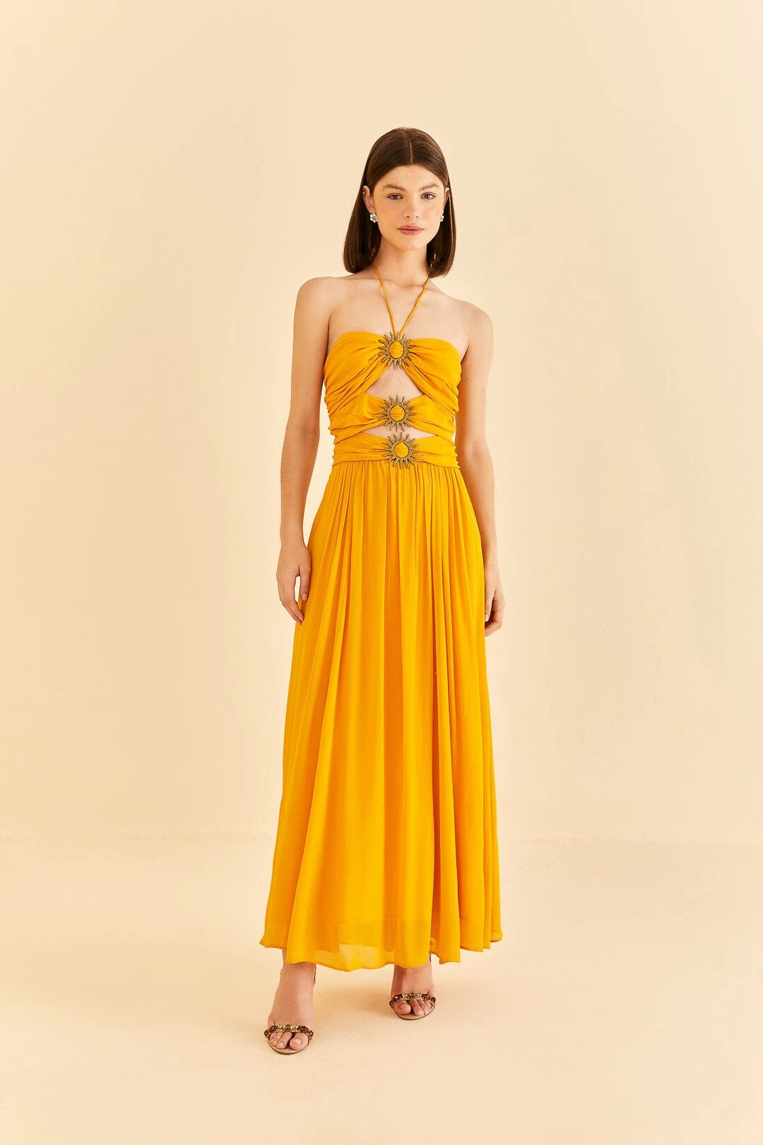 Farm Rio Yellow Sleeveless Maxi Dress With Sun Buckle 2 Farm Rio Yellow Sleeveless Maxi Dress With Sun Buckle
