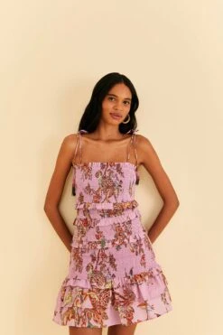 Farm Rio Lilac Floral Monkey Smocked Mini Dress