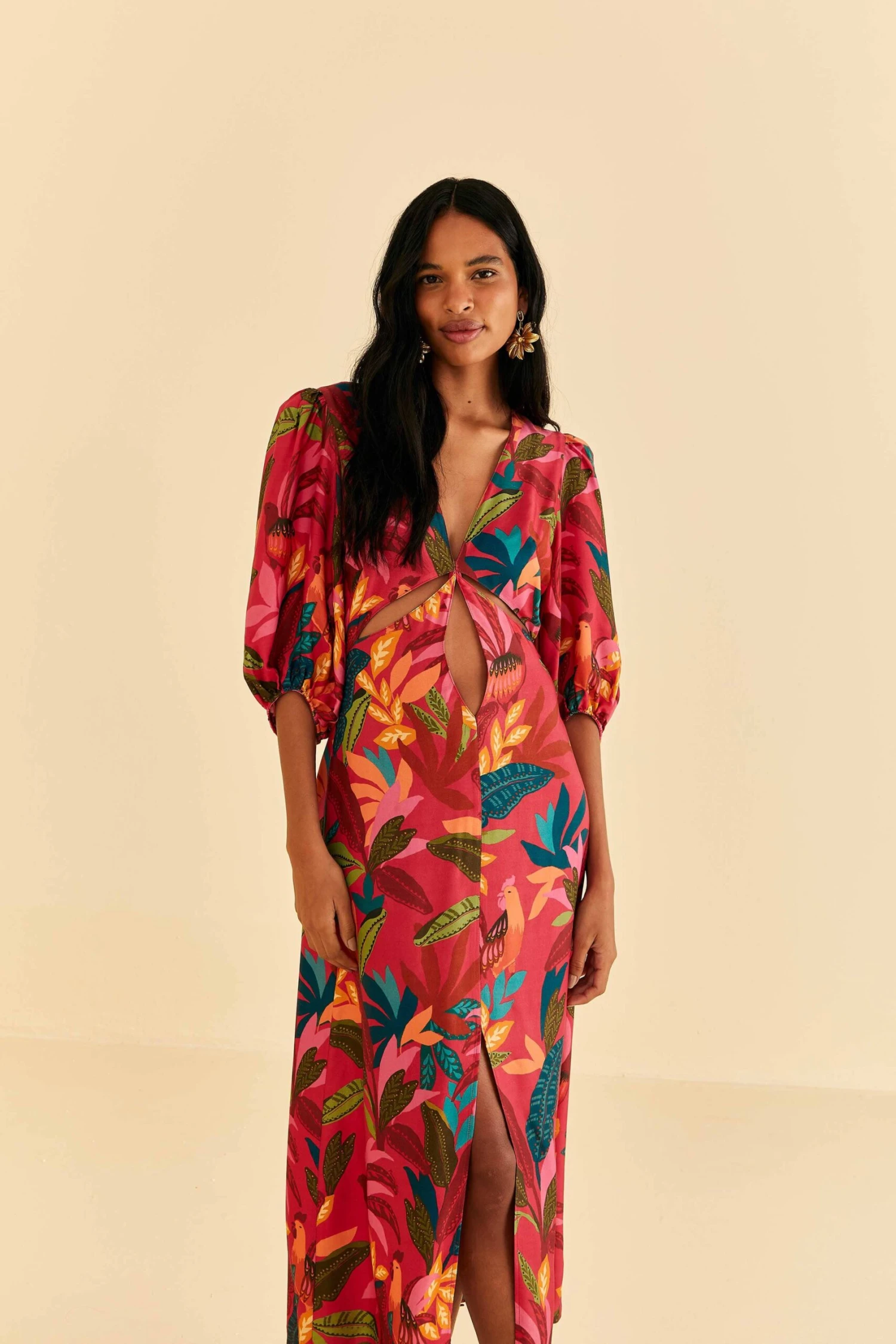 Farm Rio Red Rooster Leaves Short Sleeve Maxi Dress 3 Farm Rio Red Rooster Leaves Short Sleeve Maxi Dress