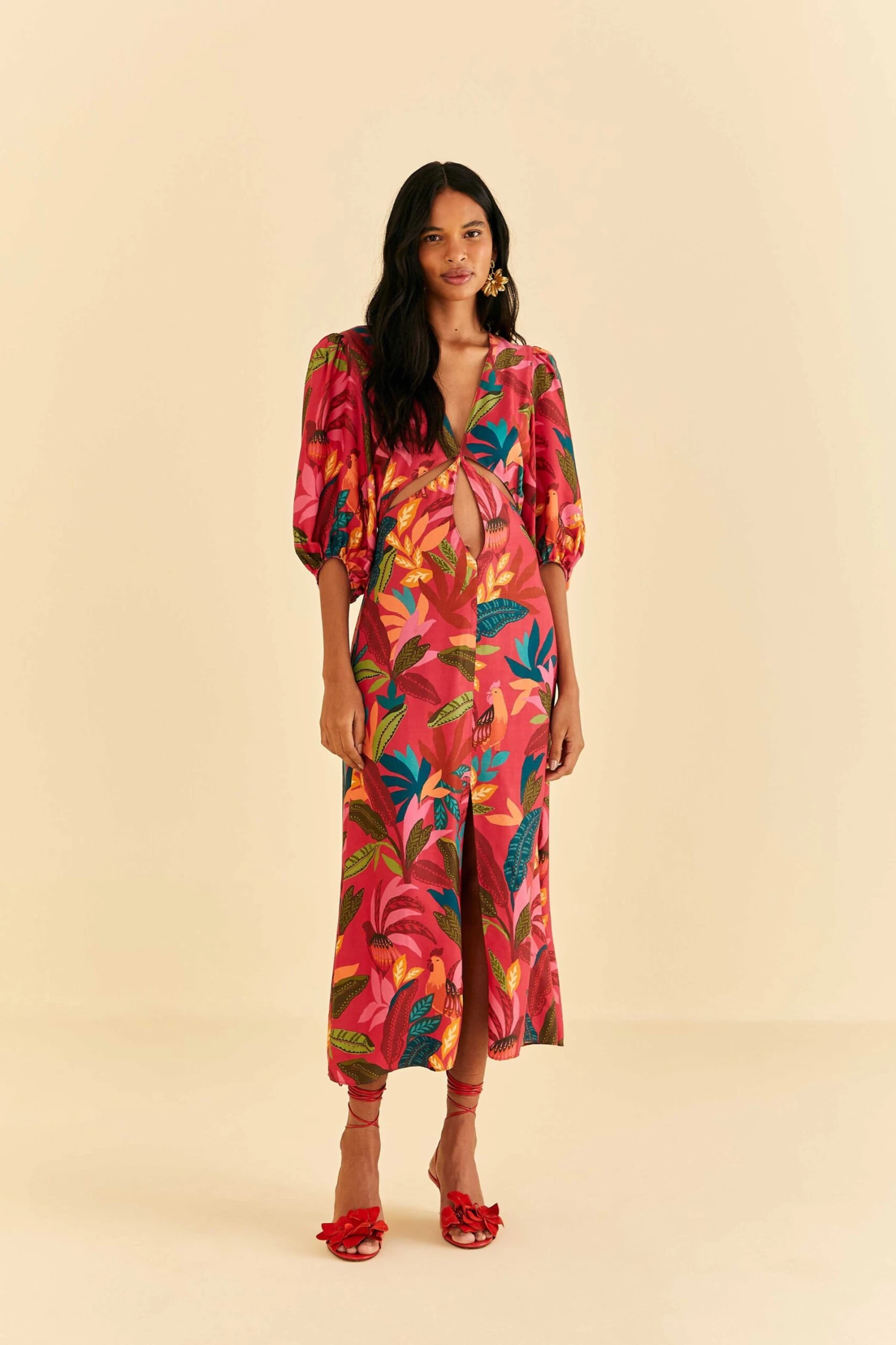 Farm Rio Red Rooster Leaves Short Sleeve Maxi Dress 4 Farm Rio Red Rooster Leaves Short Sleeve Maxi Dress - Image 2