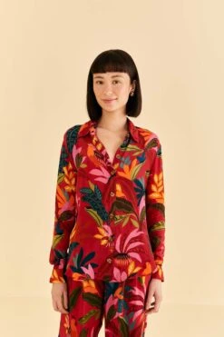 Farm Rio Red Rooster Leaves Long Sleeve Shirt -Farm Rio Dress Shop 316428 01