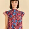 Farm Rio Blush Floral Birds Sleeveless Blouse